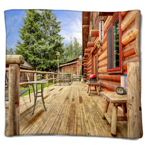 Wood Horse Farm Cabin Rustic Deck. Blankets 42831382