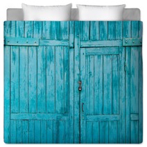 Wooden Blue Door Close Up Bedding 176383626