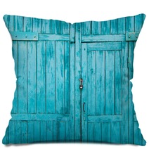 Wooden Blue Door Close Up Pillows 176383626