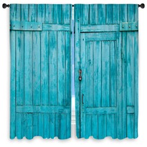 Wooden Blue Door Close Up Window Curtains 176383626