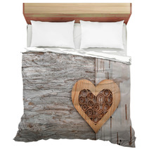 Wooden Decorative Heart On The Birch Bark Bedding 66285022