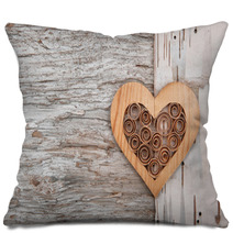 Wooden Decorative Heart On The Birch Bark Pillows 66285022