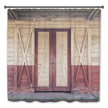 Wooden Door And Wall Bath Decor 123983119