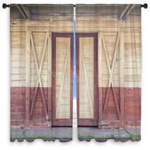 Wooden Door And Wall Window Curtains 123983119