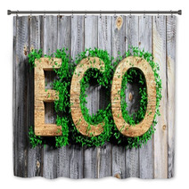 Wooden Eco Word With Vegetation Growth On Wooden Background Bath Decor 63609252