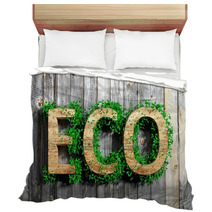 Wooden Eco Word With Vegetation Growth On Wooden Background Bedding 63609252