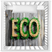 Wooden Eco Word With Vegetation Growth On Wooden Background Nursery Decor 63609252