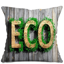Wooden Eco Word With Vegetation Growth On Wooden Background Pillows 63609252
