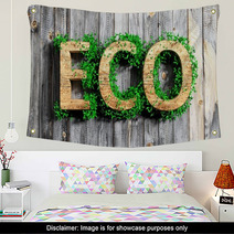 Wooden Eco Word With Vegetation Growth On Wooden Background Wall Art 63609252