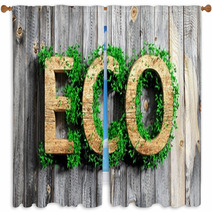 Wooden Eco Word With Vegetation Growth On Wooden Background Window Curtains 63609252