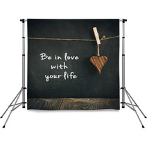 Wooden Heart On Blackboard With Text  - Loving Life Concept Backdrops 62142140