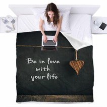Wooden Heart On Blackboard With Text  - Loving Life Concept Blankets 62142140