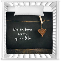 Wooden Heart On Blackboard With Text  - Loving Life Concept Nursery Decor 62142140