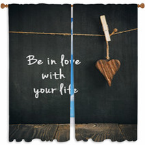 Wooden Heart On Blackboard With Text  - Loving Life Concept Window Curtains 62142140