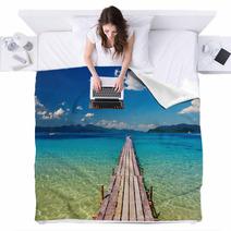 Wooden Pier In Tropical Paradise Blankets 25295366