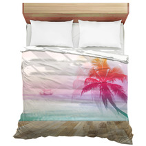 Wooden Terrace With Coconut Palms Silhouette Vintage Color Style Bedding 87945482