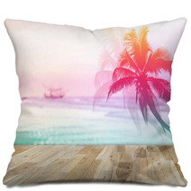 Wooden Terrace With Coconut Palms Silhouette Vintage Color Style Pillows 87945482