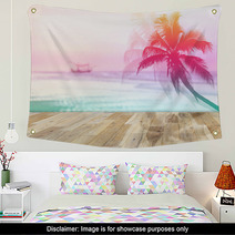 Wooden Terrace With Coconut Palms Silhouette Vintage Color Style Wall Art 87945482