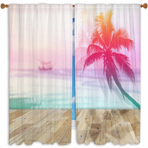 Wooden Terrace With Coconut Palms Silhouette Vintage Color Style Window Curtains 87945482