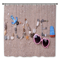 Word Love Made From Sea Shells And Stones On Sand Bath Decor 67140398