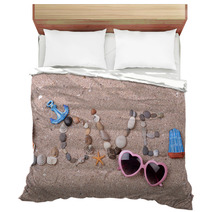 Word Love Made From Sea Shells And Stones On Sand Bedding 67140398