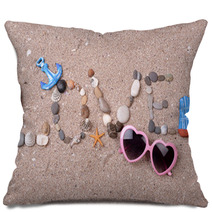 Word Love Made From Sea Shells And Stones On Sand Pillows 67140398