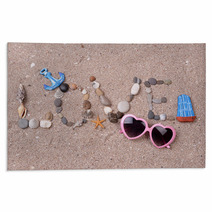 Word Love Made From Sea Shells And Stones On Sand Rugs 67140398