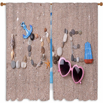 Word Love Made From Sea Shells And Stones On Sand Window Curtains 67140398