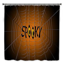 Word Spooky Hanging In The Center Of A Spider Web On Gradient Black And Orange Background Bath Decor 122984524