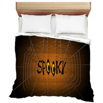 Word Spooky Hanging In The Center Of A Spider Web On Gradient Black And Orange Background Bedding 122984524