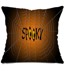 Word Spooky Hanging In The Center Of A Spider Web On Gradient Black And Orange Background Pillows 122984524