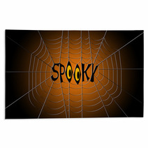 Word Spooky Hanging In The Center Of A Spider Web On Gradient Black And Orange Background Rugs 122984524