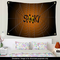 Word Spooky Hanging In The Center Of A Spider Web On Gradient Black And Orange Background Wall Art 122984524