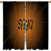 Word Spooky Hanging In The Center Of A Spider Web On Gradient Black And Orange Background Window Curtains 122984524