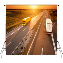 Yellow And White Truck In Motion Blur On The Highway Backdrops 66428532