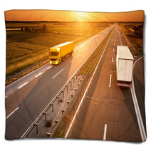 Yellow And White Truck In Motion Blur On The Highway Blankets 66428532