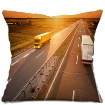 Yellow And White Truck In Motion Blur On The Highway Pillows 66428532