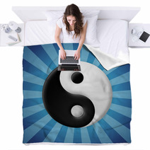 Yin Yang Symbol On Blue Rays Background Blankets 55251225