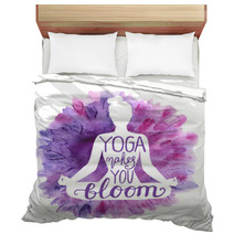 Yoga Makes You Bloom Vector Illustration With White Isolated Silhouette Of Slim Woman Meditating In Lotus Position Bright Violet Pink And Purple Watercolor Background With Flowers And Lettering Bedding 192979097
