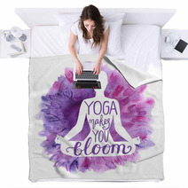 Yoga Makes You Bloom Vector Illustration With White Isolated Silhouette Of Slim Woman Meditating In Lotus Position Bright Violet Pink And Purple Watercolor Background With Flowers And Lettering Blankets 192979097