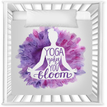 Yoga Makes You Bloom Vector Illustration With White Isolated Silhouette Of Slim Woman Meditating In Lotus Position Bright Violet Pink And Purple Watercolor Background With Flowers And Lettering Nursery Decor 192979097