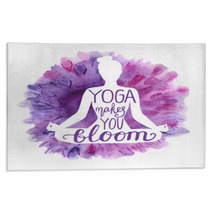 Yoga Makes You Bloom Vector Illustration With White Isolated Silhouette Of Slim Woman Meditating In Lotus Position Bright Violet Pink And Purple Watercolor Background With Flowers And Lettering Rugs 192979097