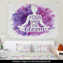 Yoga Makes You Bloom Vector Illustration With White Isolated Silhouette Of Slim Woman Meditating In Lotus Position Bright Violet Pink And Purple Watercolor Background With Flowers And Lettering Wall Art 192979097