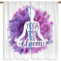 Yoga Makes You Bloom Vector Illustration With White Isolated Silhouette Of Slim Woman Meditating In Lotus Position Bright Violet Pink And Purple Watercolor Background With Flowers And Lettering Window Curtains 192979097