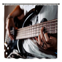 Young Adult Girl Playing Five String Bass Guitar Color Image In Horizontal Orientation Bath Decor 86339939