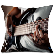 Young Adult Girl Playing Five String Bass Guitar Color Image In Horizontal Orientation Pillows 86339939