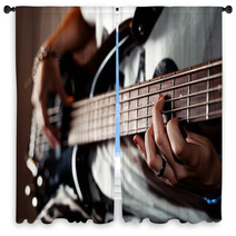 Young Adult Girl Playing Five String Bass Guitar Color Image In Horizontal Orientation Window Curtains 86339939