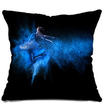 Young Beautiful Dancer Jumping Into Blue Powder Cloud Pillows 59438248