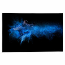 Young Beautiful Dancer Jumping Into Blue Powder Cloud Rugs 59438248