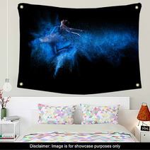 Young Beautiful Dancer Jumping Into Blue Powder Cloud Wall Art 59438248